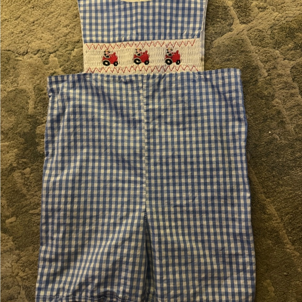 Blue Gingham Smocked Kids Romper with Red Tractor Embroidery